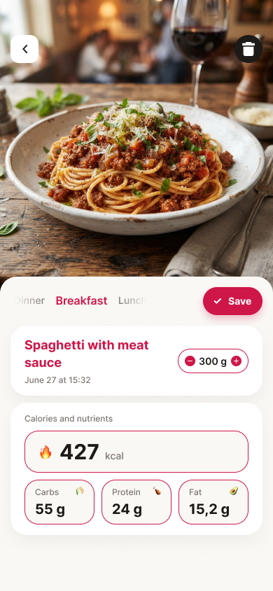 Meal card with calories and macronutrients
