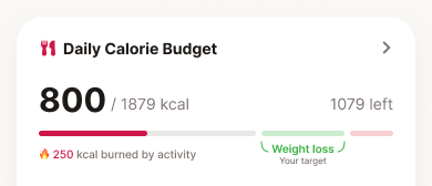 Daily calorie budget card: 800 of 1879 kcal, 1079 left