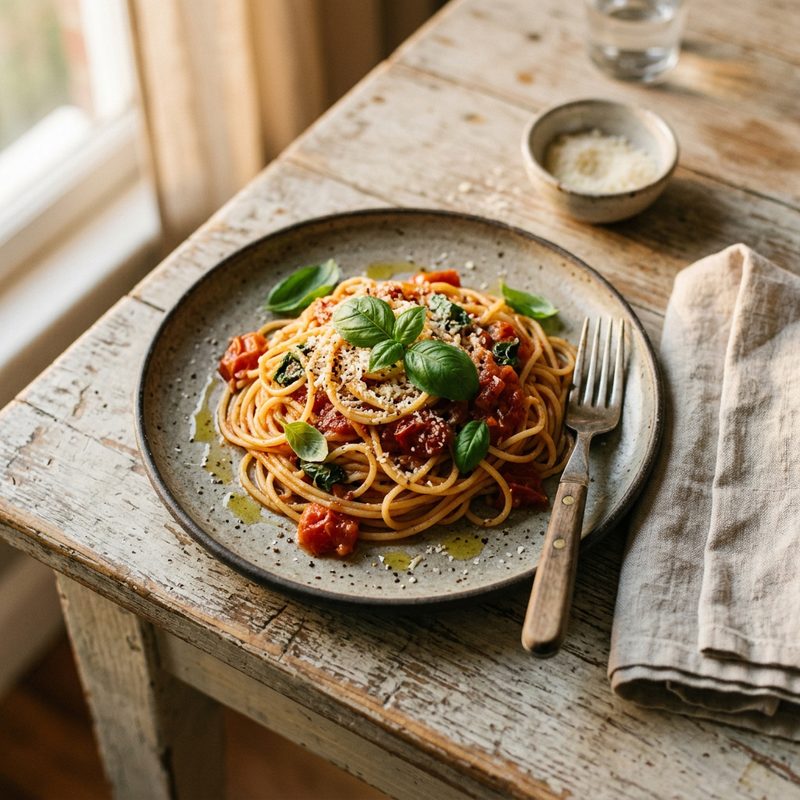 A plate of spaghetti with tomato and basil
