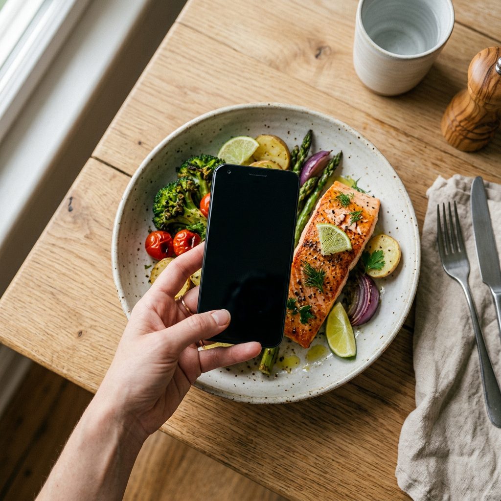 A hand holding a phone over a plate of salmon and roasted vegetables