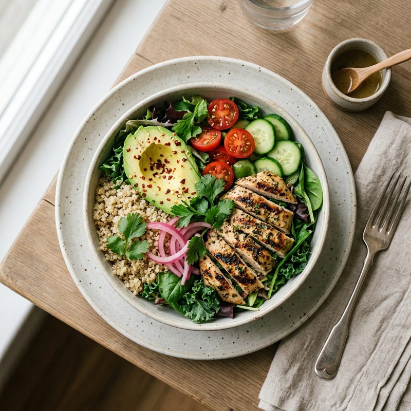 A lunch bowl with chicken and quinoa